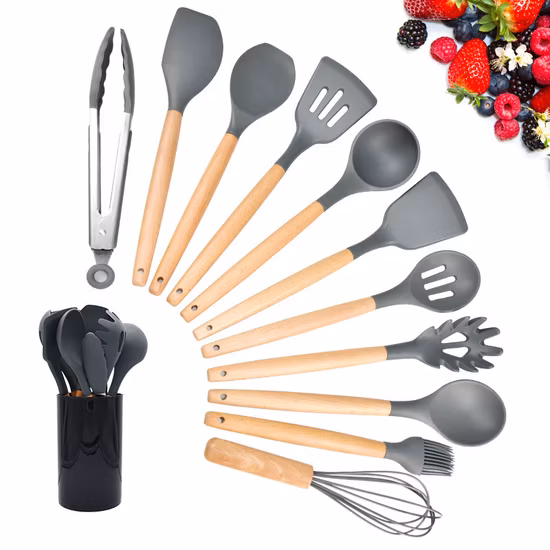 Ensemble de couverts en silicone, outil de cuisine en silicone résistant à la chaleur et à haute température avec poignées en bois, accessoire de cuisine